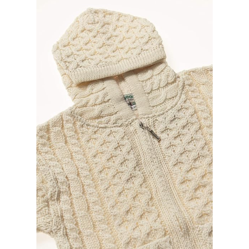 100% Merino Wool Aran Crafts Hooded Zip Cardigan With Pockets Ecru